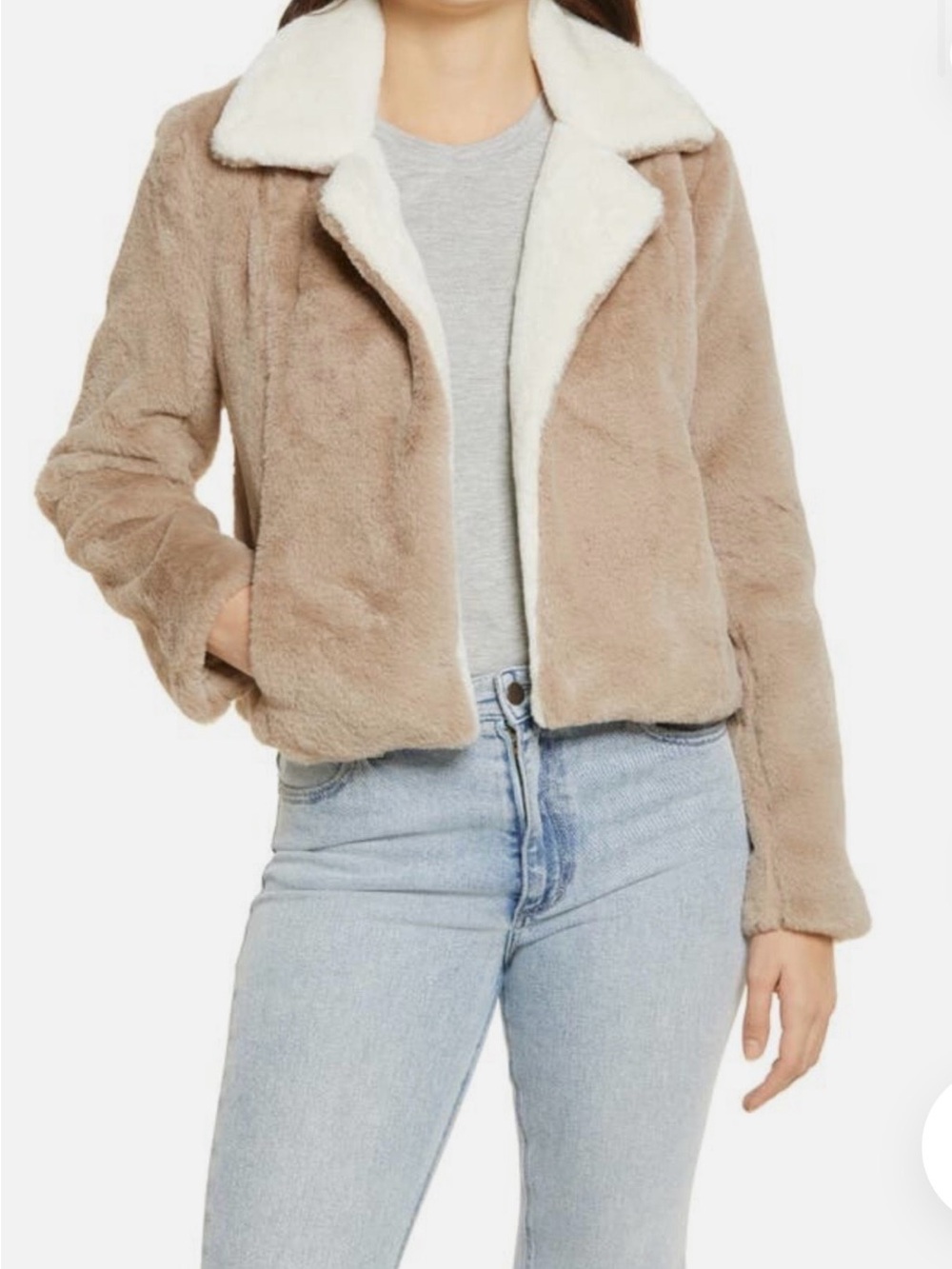BLANKNYC Faux Fur Taupe Jacket with White Collar